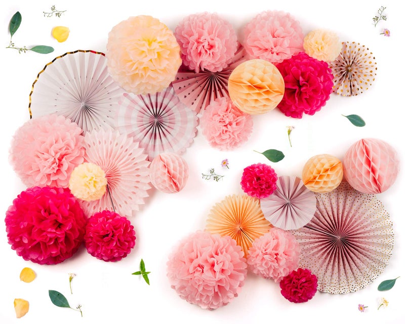 PapaKit Deluxe Origami Large Wall Decoration Set (Assorted Paper Fans & Pom-poms) Birthday Party Baby Shower Wedding Event Decor | Creative Art Design (Sparking Pink Rose Blush, Deluxe 26 Piece Set) - Image 3